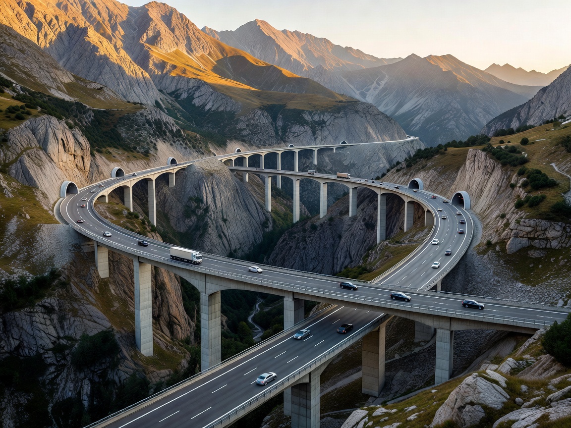 European highway corridor passing through mountain tunnels and viaducts