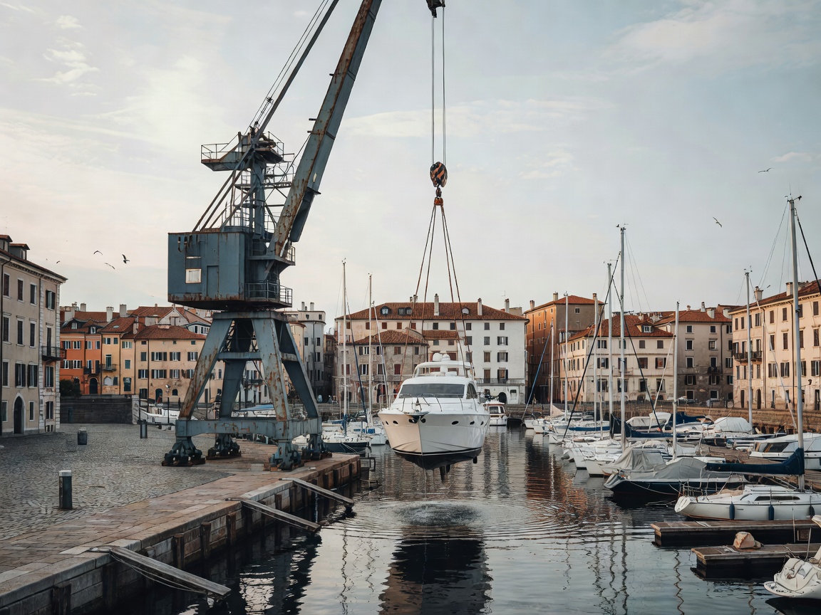 Harbor gantry crane lifting a motor yacht out of a European marina basin