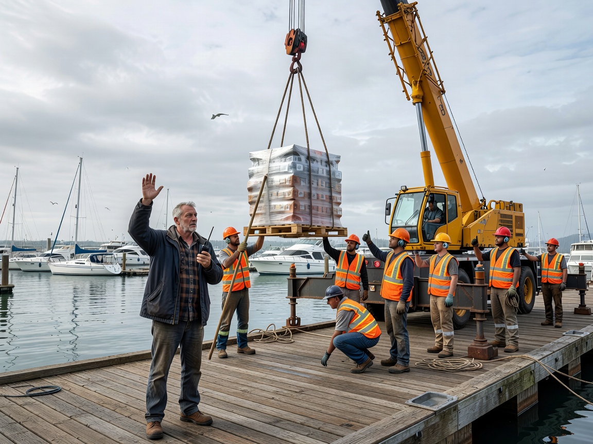 Harbor master and dock crew coordinating mobile crane lift over a marina dock