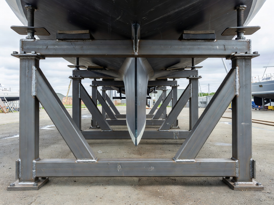 Heavy duty steel yacht cradle with adjustable screw jacks fitted to deep fin keel