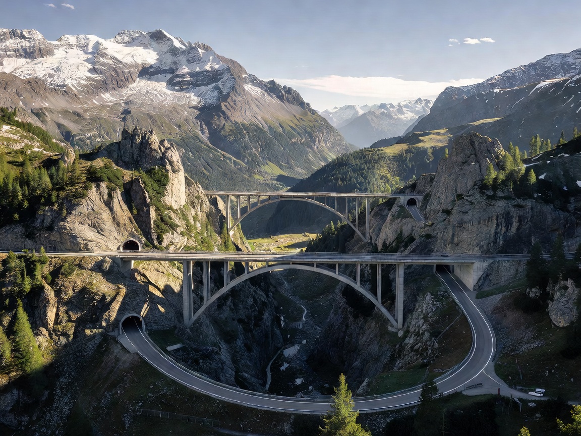 Mountain highway corridor crossing viaducts and tunnels in the European Alps