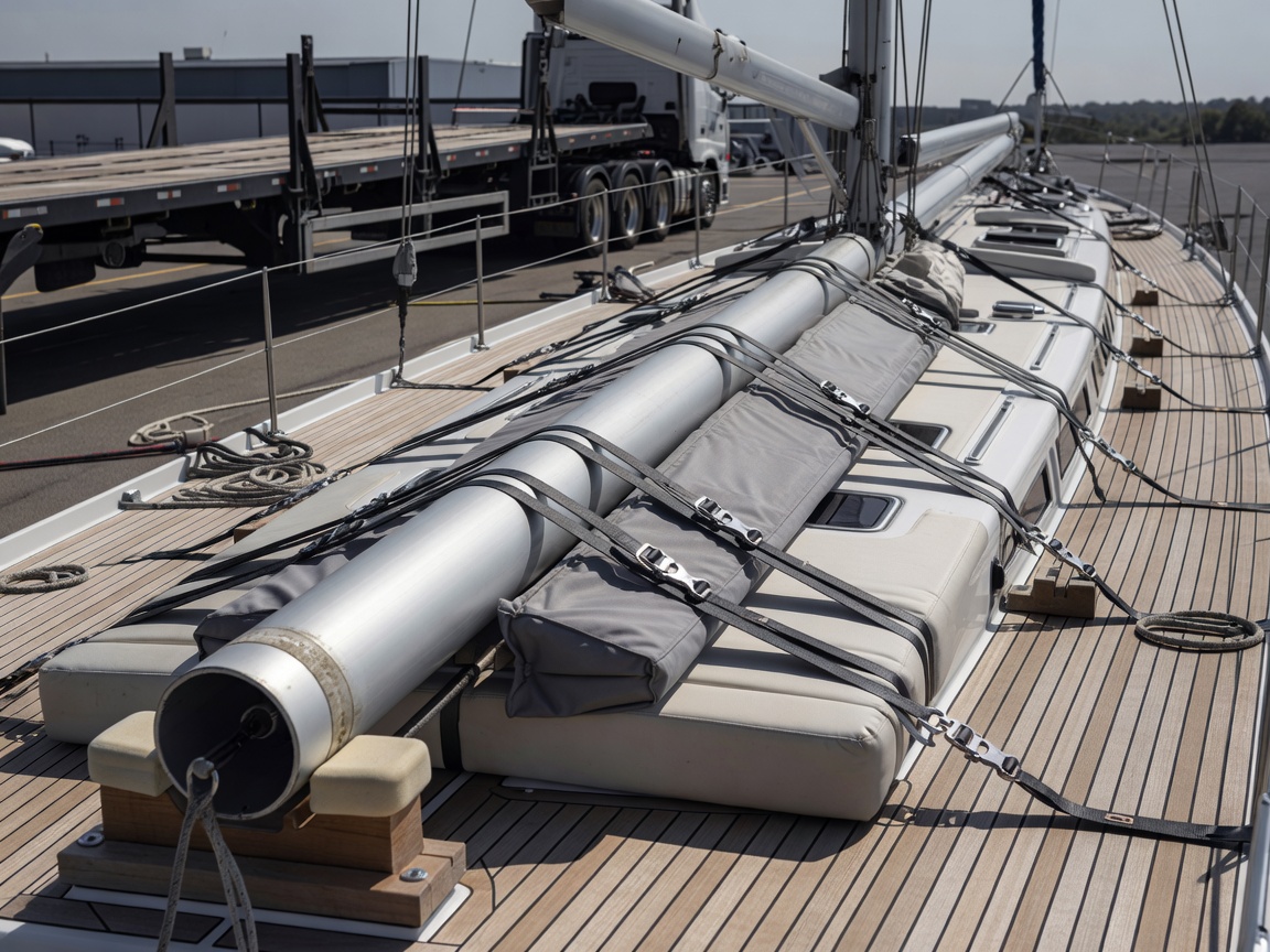 Sailing yacht mast unstepped and secured on deck padding ready for highway transit