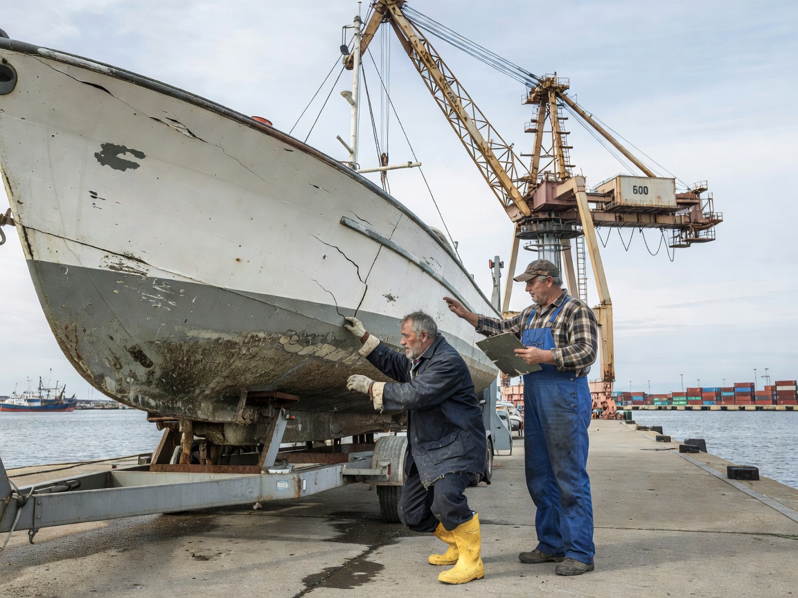 Skipper and transport driver inspecting boat hull on trailer alongside harbor crane