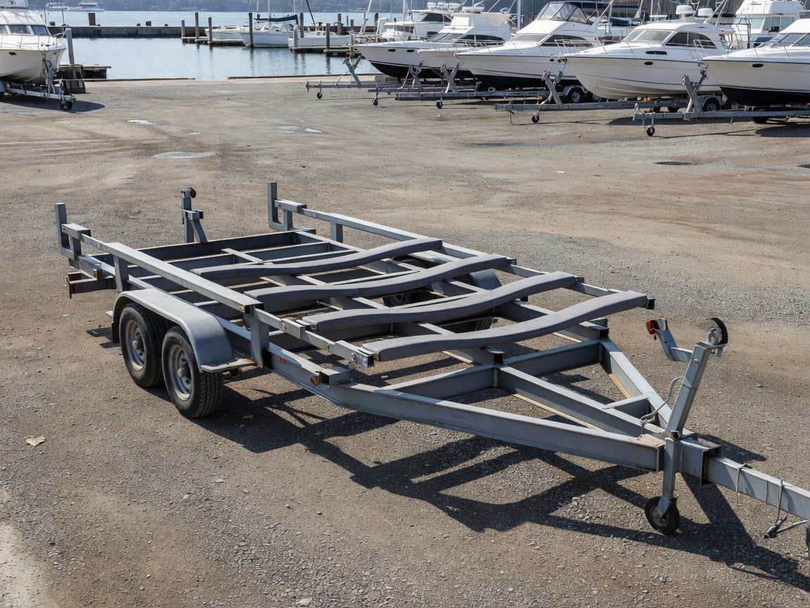 Specialist boat trailer with steel support cradles parked in a marina staging yard