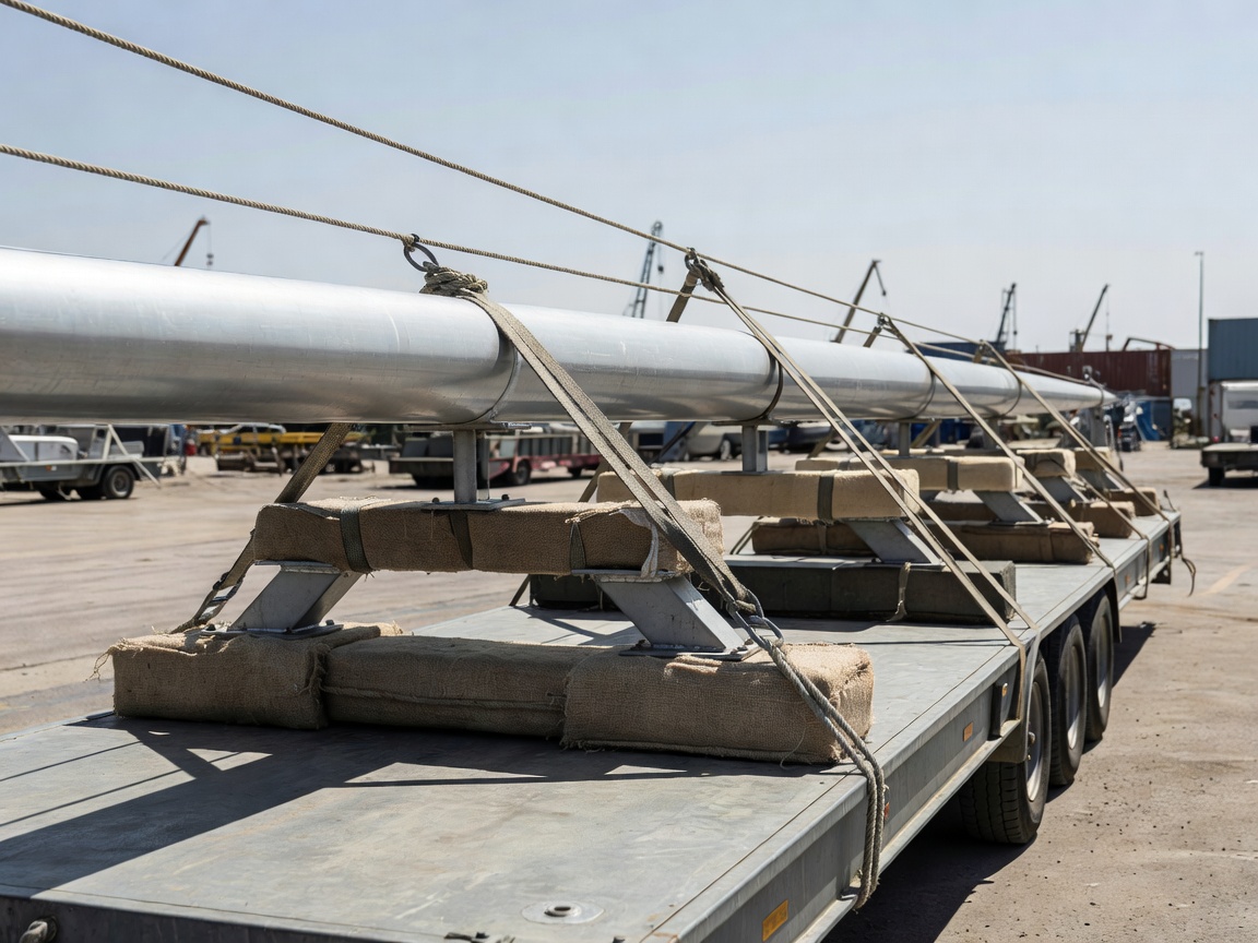 Yacht mast securely padded and lashed along transport trailer support brackets